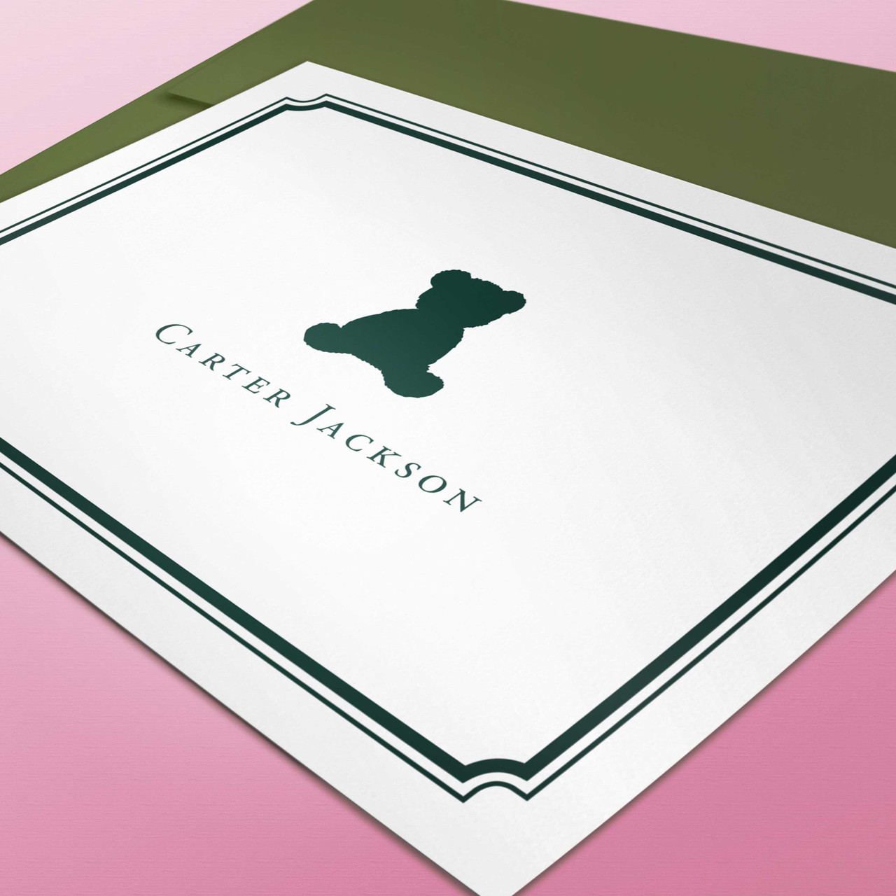 Personalized teddy bear folded notecard with green ink and envelope – sweet gift for baby shower or first birthday